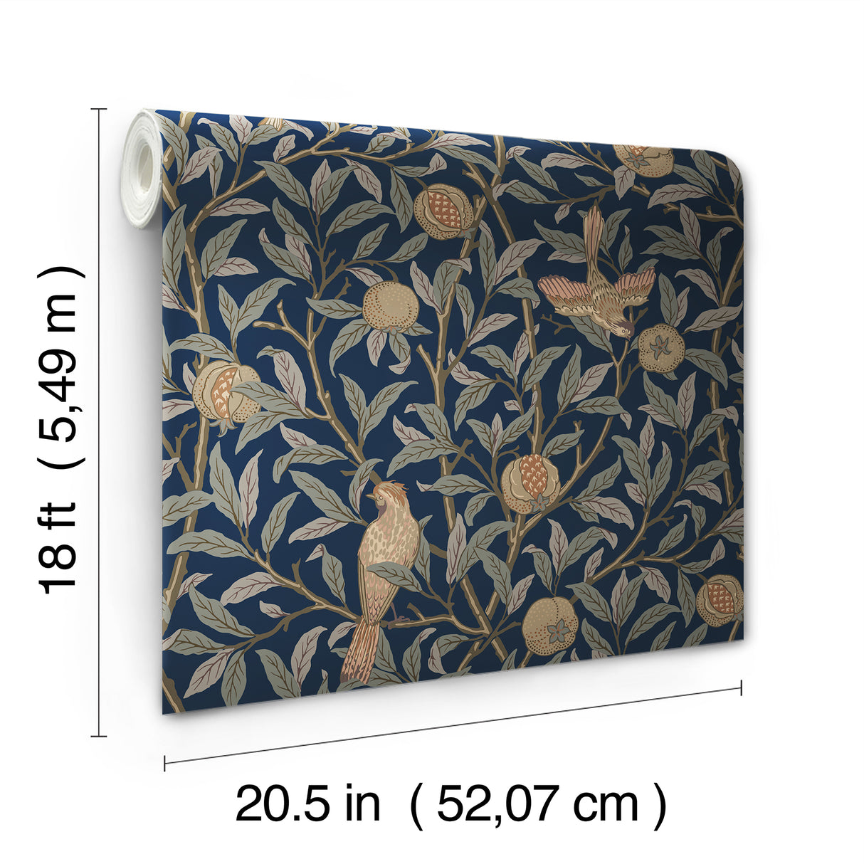 Bird and Pomegranate Indigo by WallPops x Morris and Co. Traditional Botanical Birds and Fruit Peel and Stick Wallpaper - MCS6590
