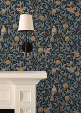 Bird and Pomegranate Indigo by WallPops x Morris and Co. Traditional Botanical Birds and Fruit Peel and Stick Wallpaper - MCS6590