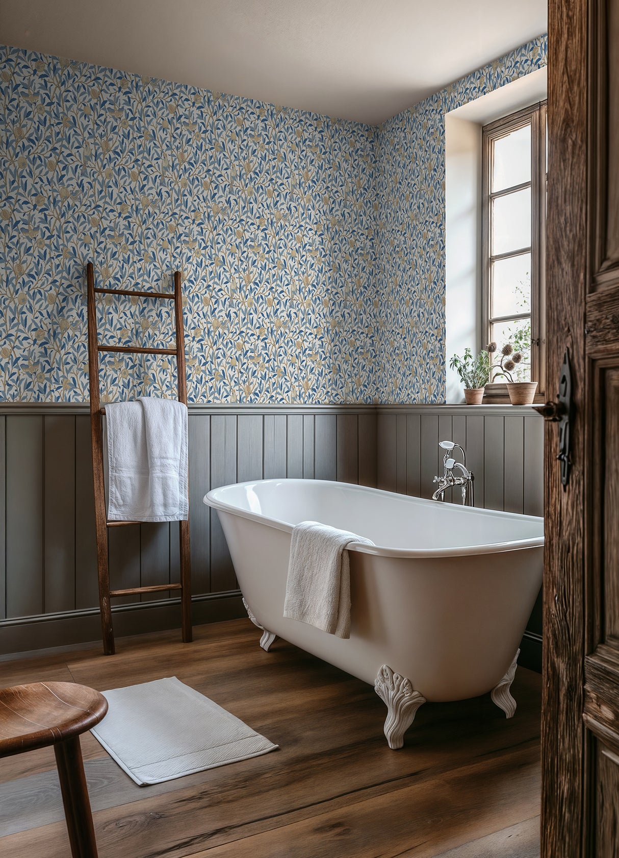 Bird and Pomegranate Woad by WallPops Morris and Co. Traditional Flowing Botanical Birds Fruit and Branches Peel and Stick Wallpaper - MCS6591