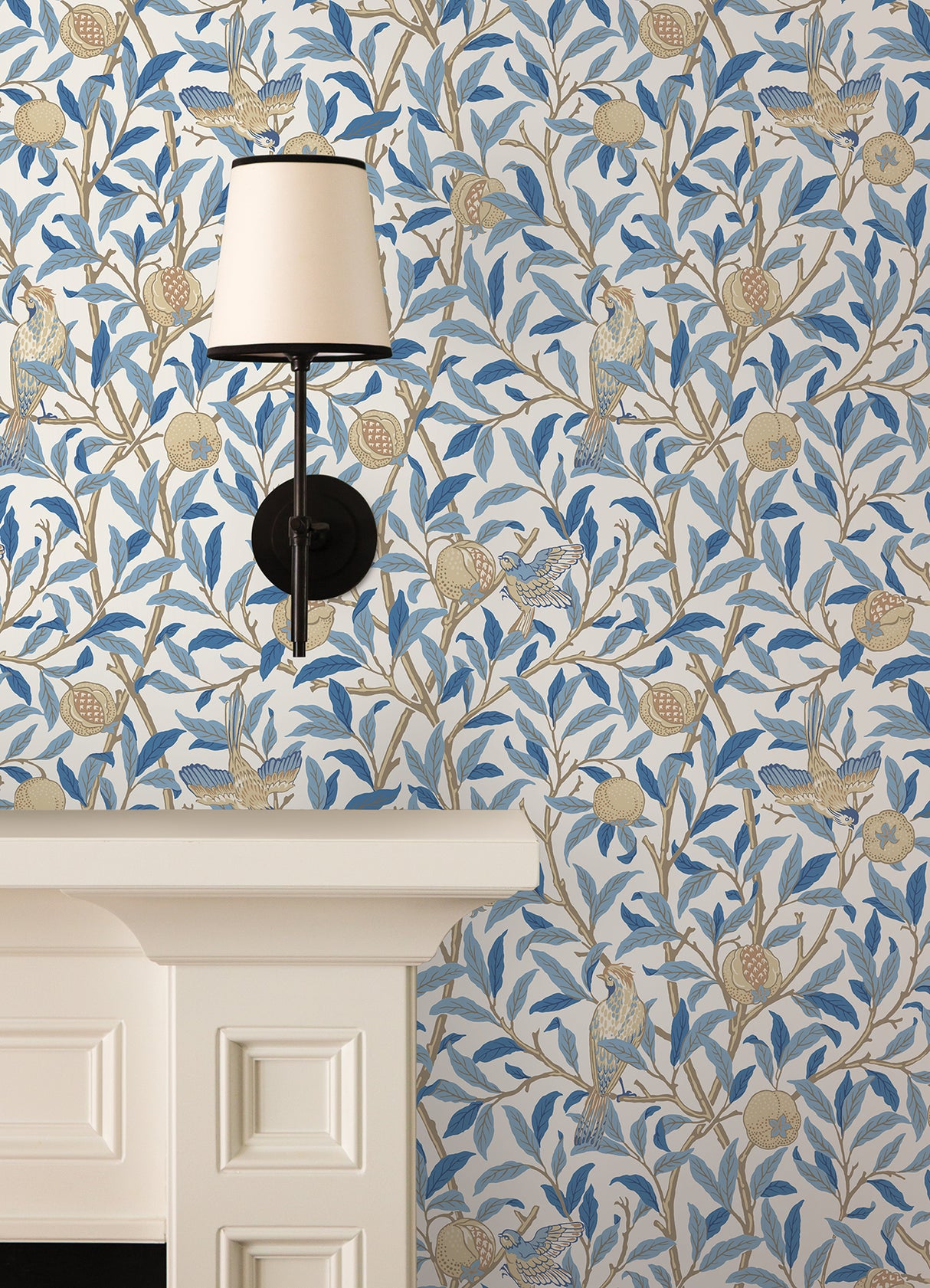Bird and Pomegranate Woad by WallPops Morris and Co. Traditional Flowing Botanical Birds Fruit and Branches Peel and Stick Wallpaper - MCS6591
