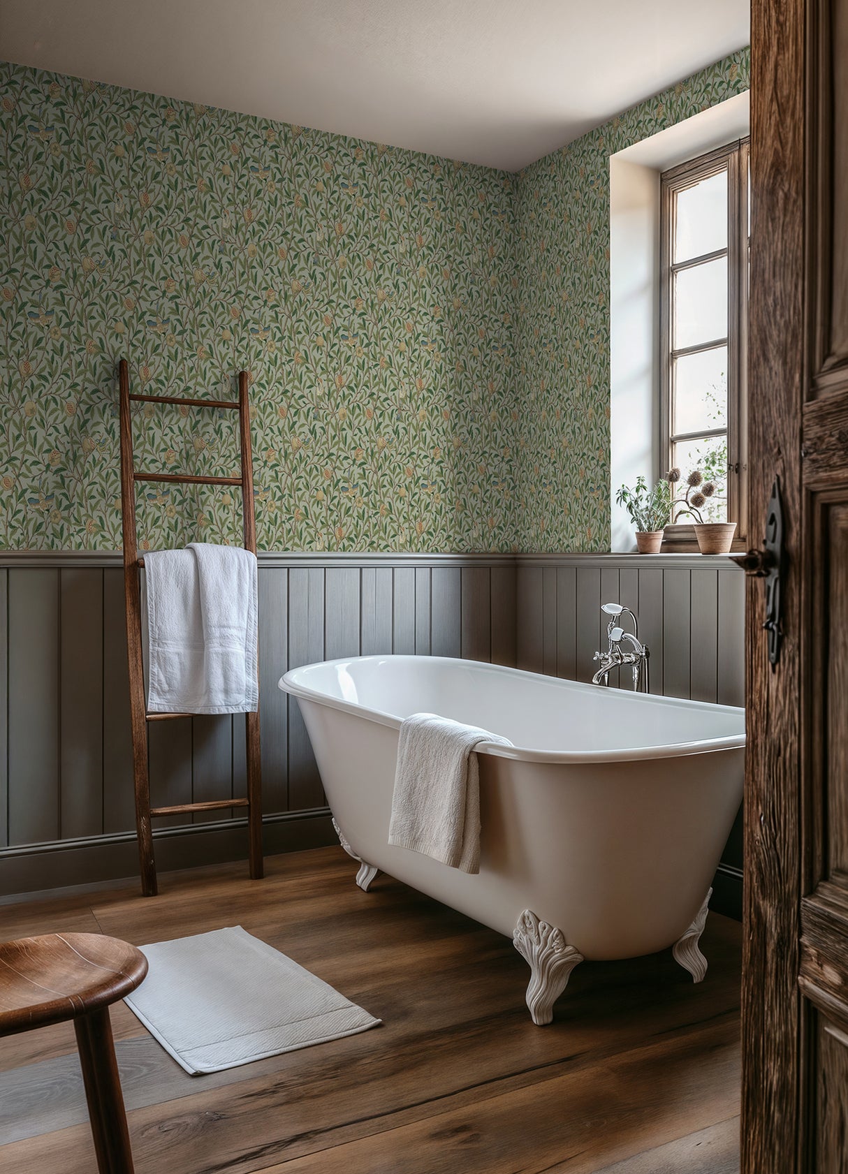 Bird and Pomegranate Bayleaf and Forest Peel and Stick Wallpaper by WallPops x Morris and Co. Botanical Traditional Design - MCS6592