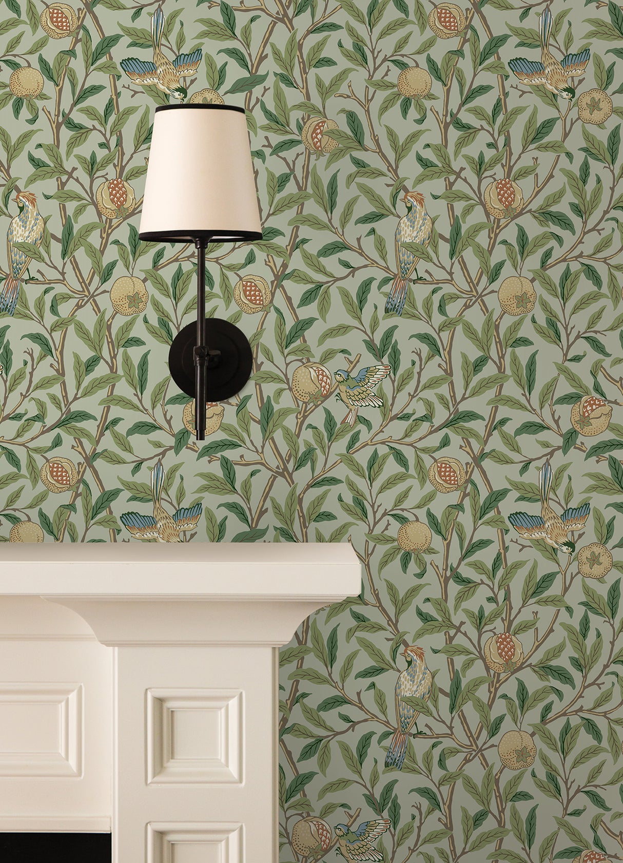 Bird and Pomegranate Bayleaf and Forest Peel and Stick Wallpaper by WallPops x Morris and Co. Botanical Traditional Design - MCS6592
