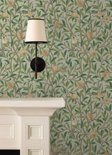Bird and Pomegranate Bayleaf and Forest Peel and Stick Wallpaper by WallPops x Morris and Co. Botanical Traditional Design - MCS6592