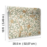 Bird and Pomegranate Linen and Sage Peel and Stick Wallpaper by WallPops Morris and Co. Traditional Botanical Bird and Fruit Design - MCS6593