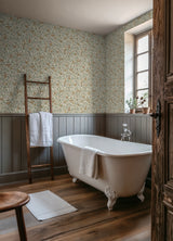 Bird and Pomegranate Linen and Sage Peel and Stick Wallpaper by WallPops Morris and Co. Traditional Botanical Bird and Fruit Design - MCS6593