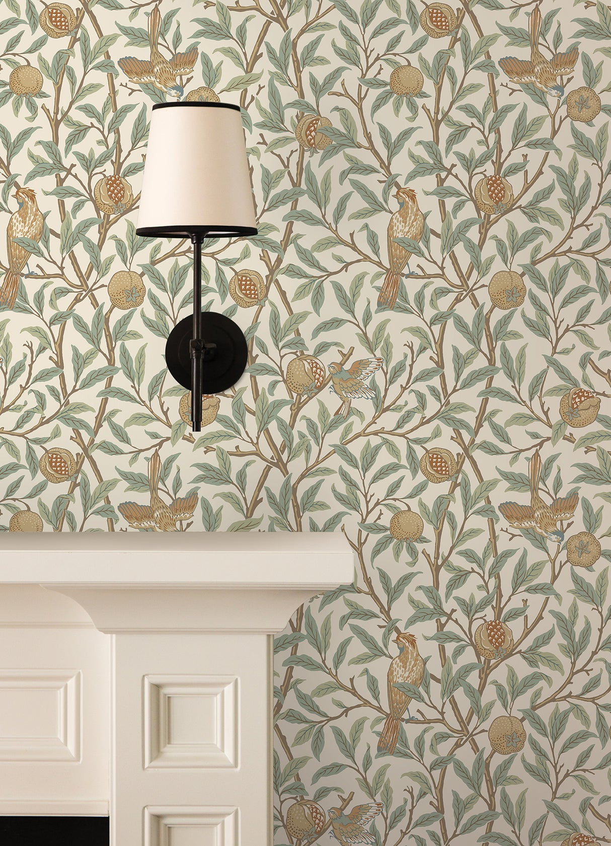 Bird and Pomegranate Linen and Sage Peel and Stick Wallpaper by WallPops Morris and Co. Traditional Botanical Bird and Fruit Design - MCS6593