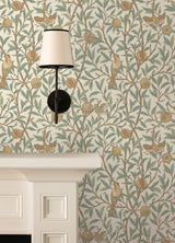Bird and Pomegranate Linen and Sage Peel and Stick Wallpaper by WallPops Morris and Co. Traditional Botanical Bird and Fruit Design - MCS6593