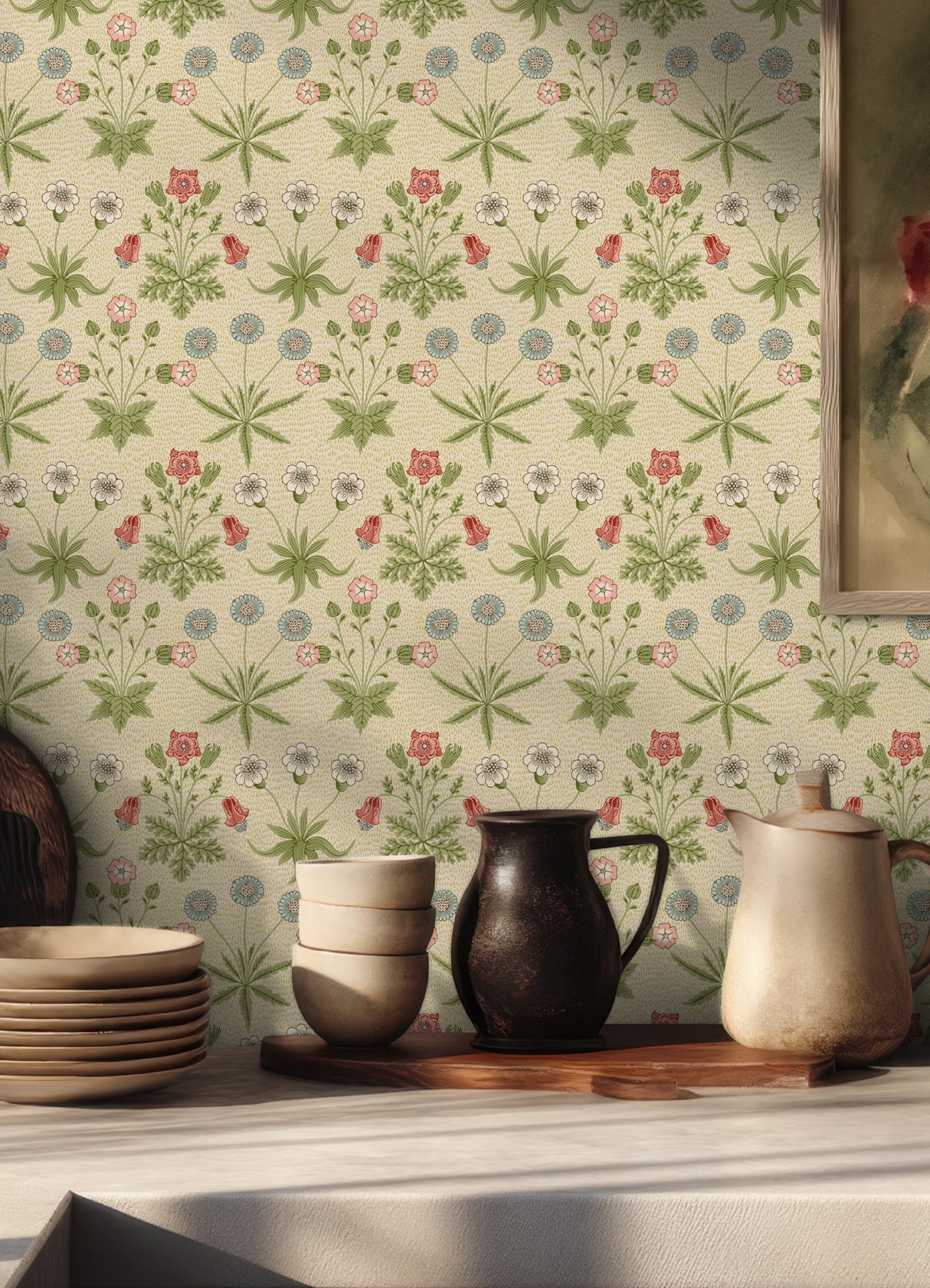Daisy Fennel and Rose by WallPops Morris and Co. Peel and Stick Removable Botanical Floral Wallpaper Roll 20.5 in x 18 ft - MCS6594