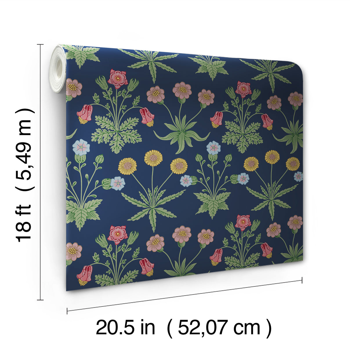 Daisy Indigo by WallPops x Morris and Co. Traditional Botanical Floral Clusters Peel and Stick NuWallpaper 20.5 in x 18 ft Navy Roll - MCS6597