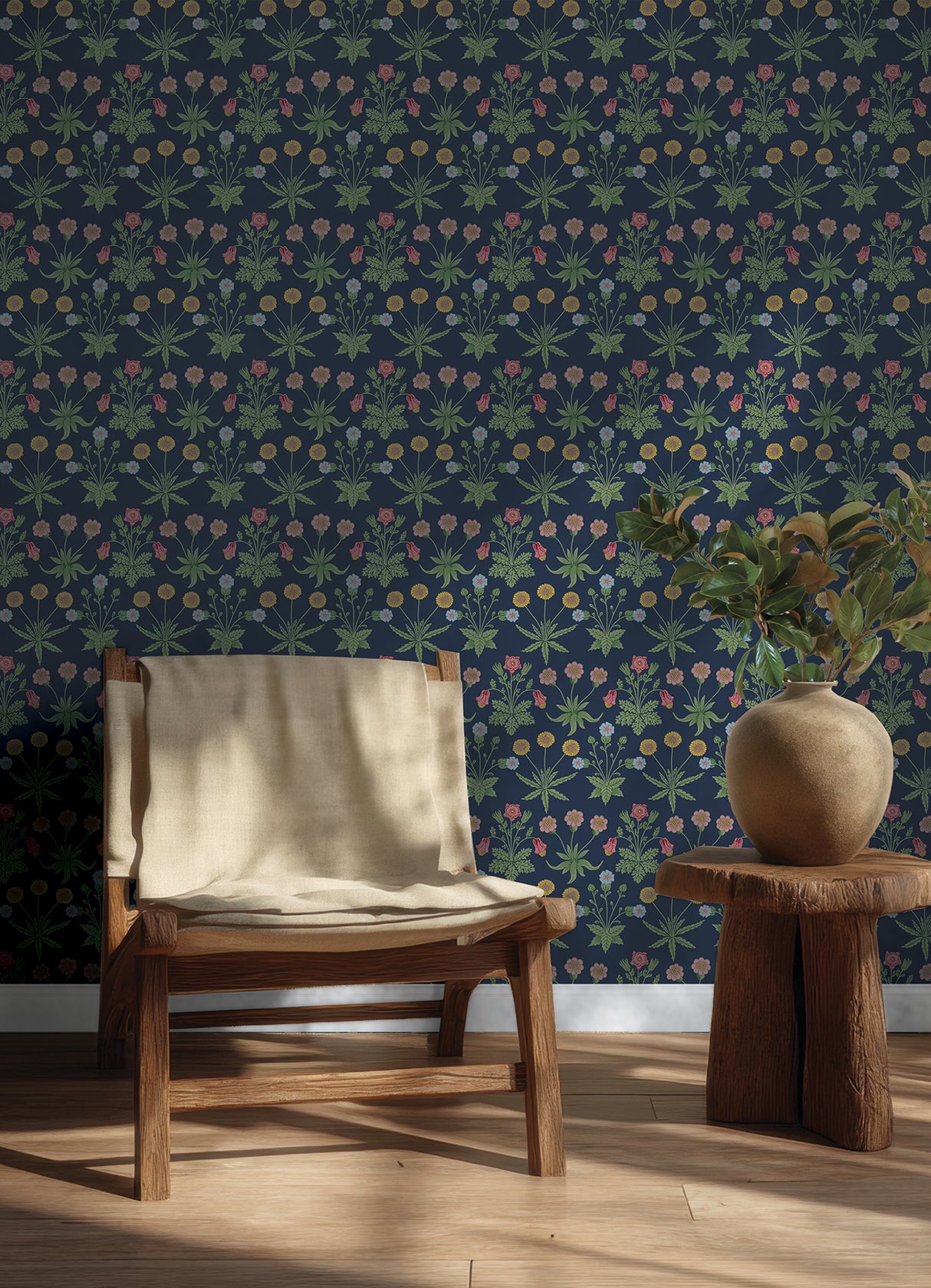 Daisy Indigo by WallPops x Morris and Co. Traditional Botanical Floral Clusters Peel and Stick NuWallpaper 20.5 in x 18 ft Navy Roll - MCS6597