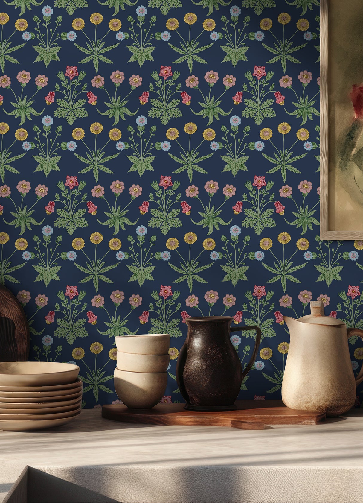 Daisy Indigo by WallPops x Morris and Co. Traditional Botanical Floral Clusters Peel and Stick NuWallpaper 20.5 in x 18 ft Navy Roll - MCS6597