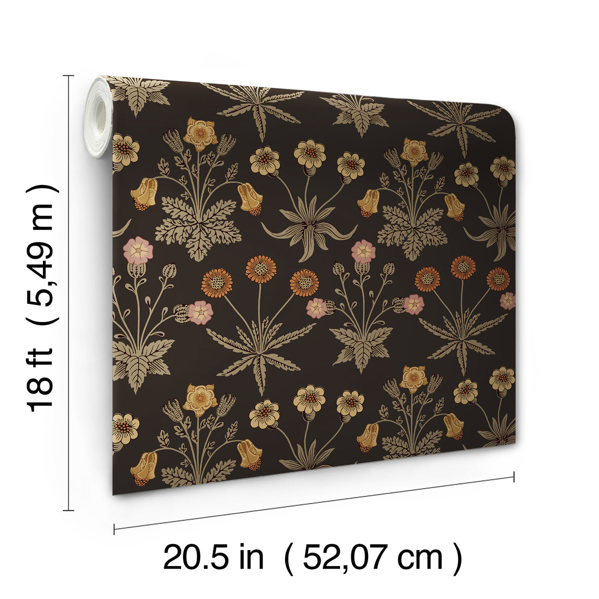 Daisy Chocolate and Paprika by WallPops x Morris and Co. Traditional Botanical Floral Peel and Stick Wallpaper Roll 20.5 in x 18 ft - MCS6598