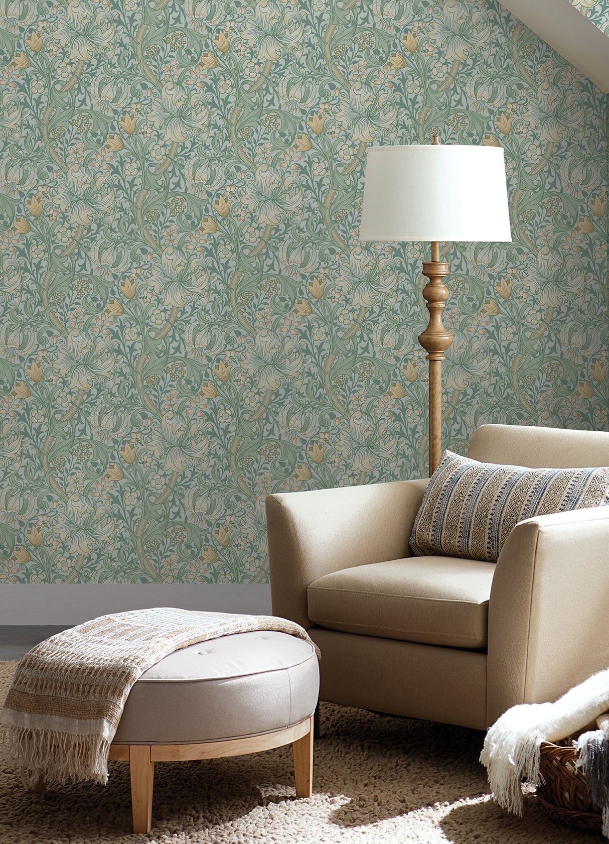 Golden Lily Sea Glass WallPops Morris and Co. Traditional Botanical Peel and Stick Wallpaper Heritage Floral Vine Removable Roll - MCS6599