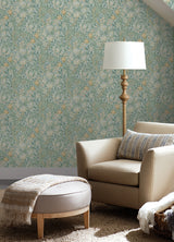 Golden Lily Sea Glass WallPops Morris and Co. Traditional Botanical Peel and Stick Wallpaper Heritage Floral Vine Removable Roll - MCS6599