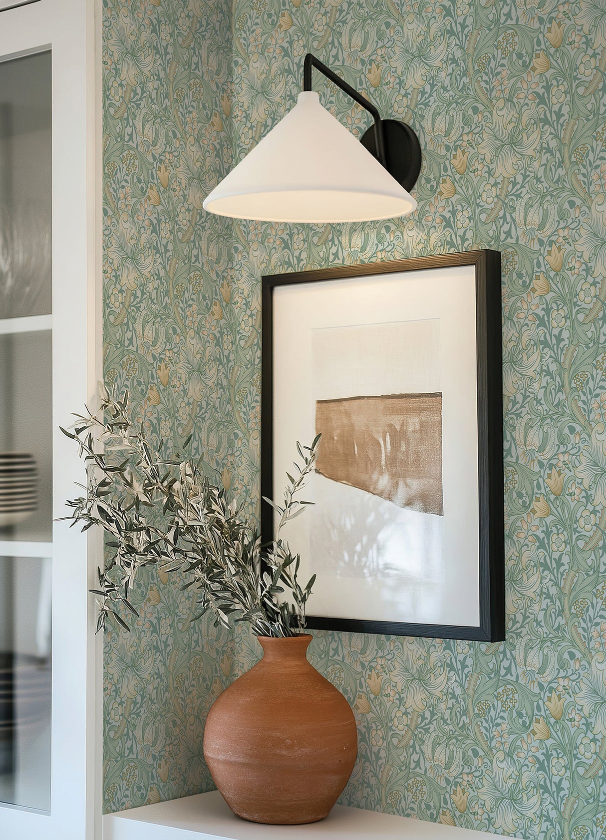 Golden Lily Sea Glass WallPops Morris and Co. Traditional Botanical Peel and Stick Wallpaper Heritage Floral Vine Removable Roll - MCS6599