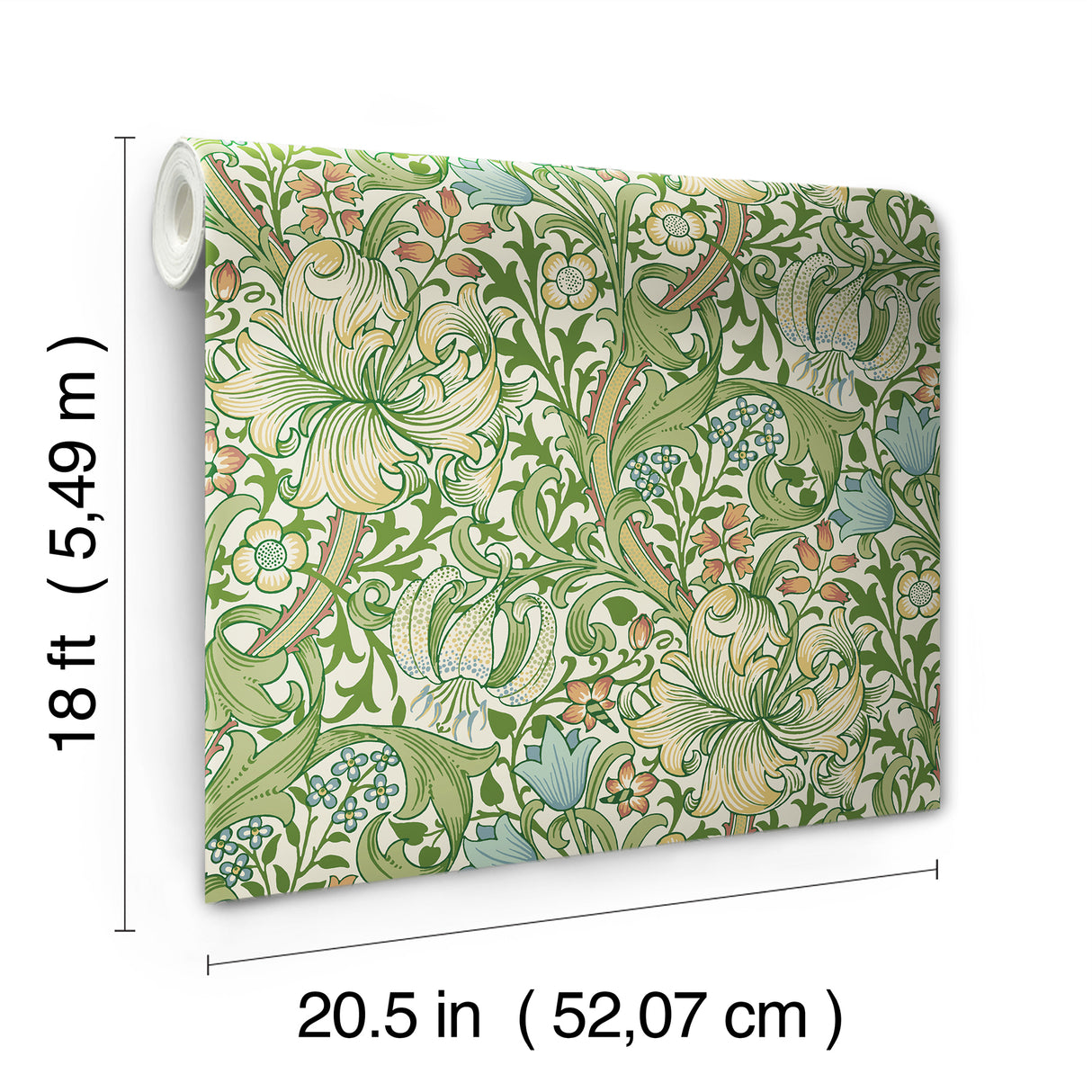 Golden Lily Boughs Green by WallPops Morris and Co Classic Heritage Botanical Floral Peel and Stick Wallpaper MCS6601