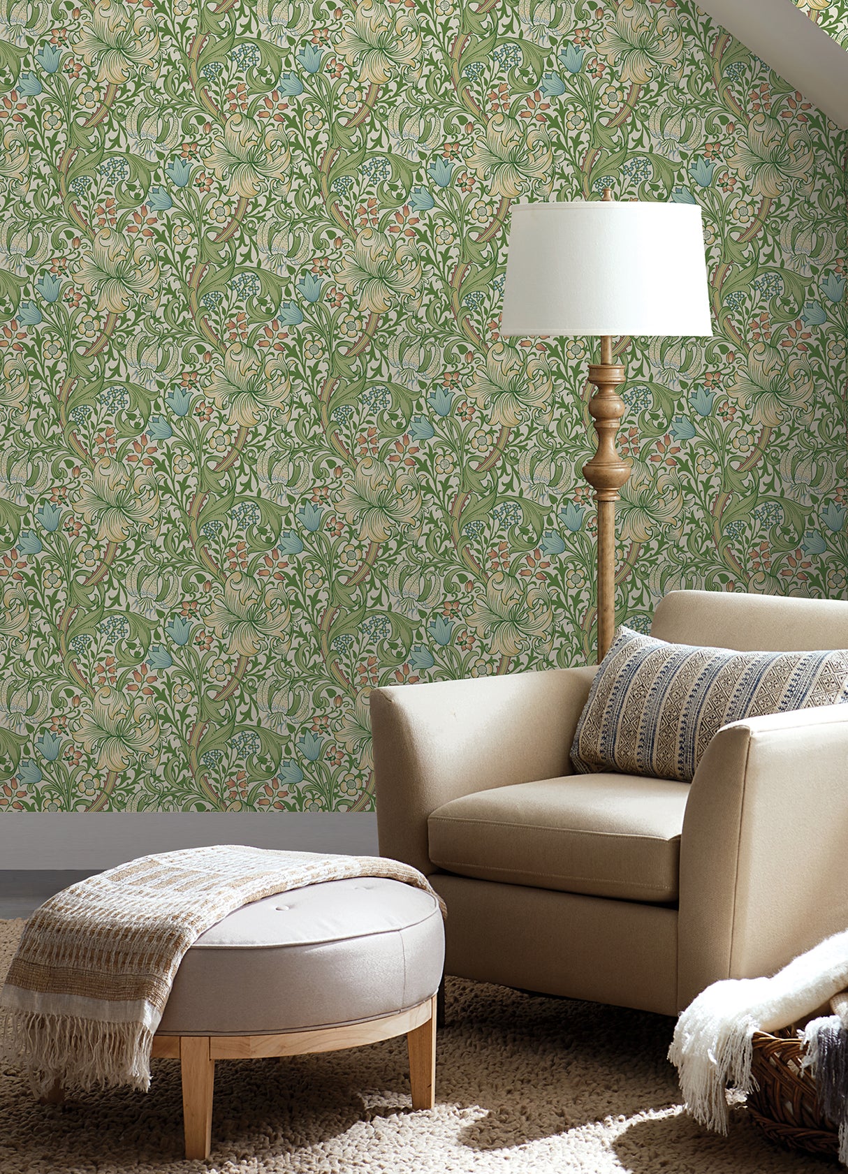 Golden Lily Boughs Green by WallPops Morris and Co Classic Heritage Botanical Floral Peel and Stick Wallpaper MCS6601