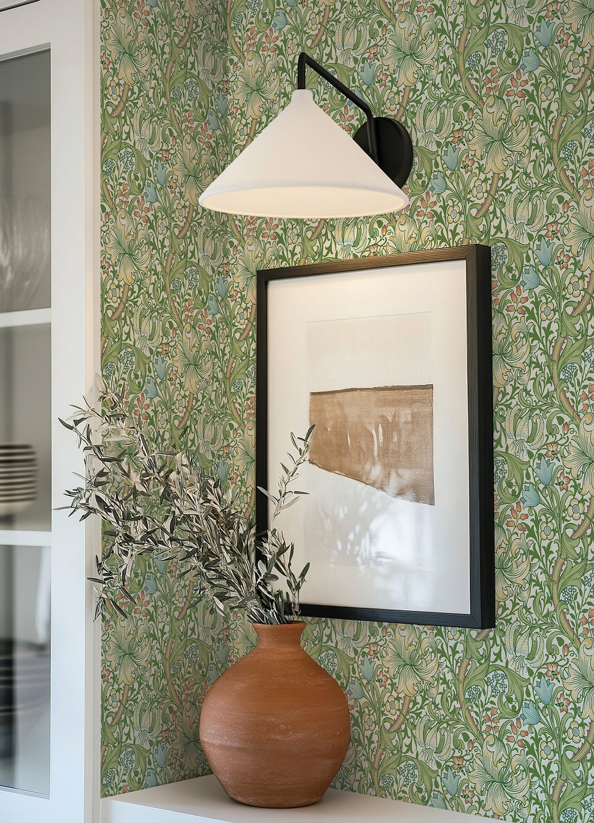 Golden Lily Boughs Green by WallPops Morris and Co Classic Heritage Botanical Floral Peel and Stick Wallpaper MCS6601