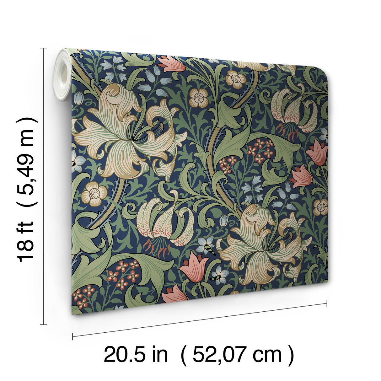 Golden Lily Indigo and Rose Peel and Stick Wallpaper by WallPops x Morris & Co. Classic Botanical Floral NuWallpaper - MCS6602