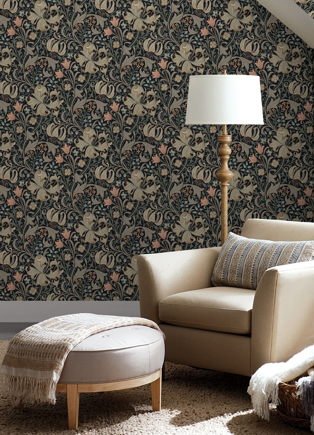 Golden Lily Charcoal and Coral by WallPops Morris and Co. Peel and Stick Heritage Traditional Botanical Floral Lily and Leaf Wallpaper - MCS6603