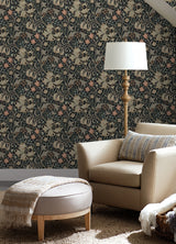 Golden Lily Charcoal and Coral by WallPops Morris and Co. Peel and Stick Heritage Traditional Botanical Floral Lily and Leaf Wallpaper - MCS6603