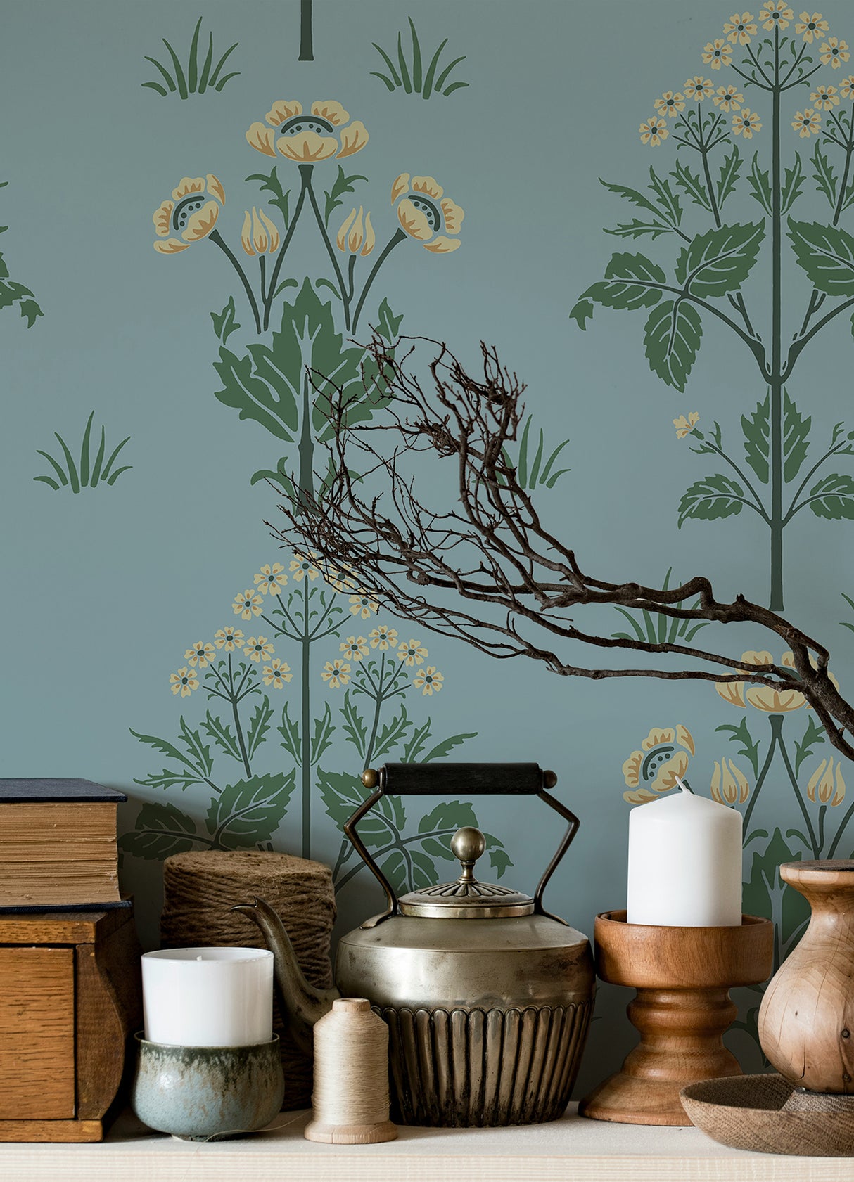Meadow Sweet Woad and Forest by WallPops Morris and Co. Traditional Arts and Crafts Botanical Floral Peel and Stick Wallpaper - MCS6604