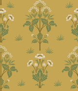 Meadow Sweet Saffron and Thyme Peel and Stick Wallpaper by WallPops x Morris and Co. featuring tall meadow blooms and soft greenery on a golden saffron background in an Arts and Crafts style - MCS6607