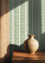 Rosehip Stripe Boughs Green by WallPops Morris and Co Heritage Botanical Trailing Leaf Vertical Stripe Peel and Stick Wallpaper - MCS6610