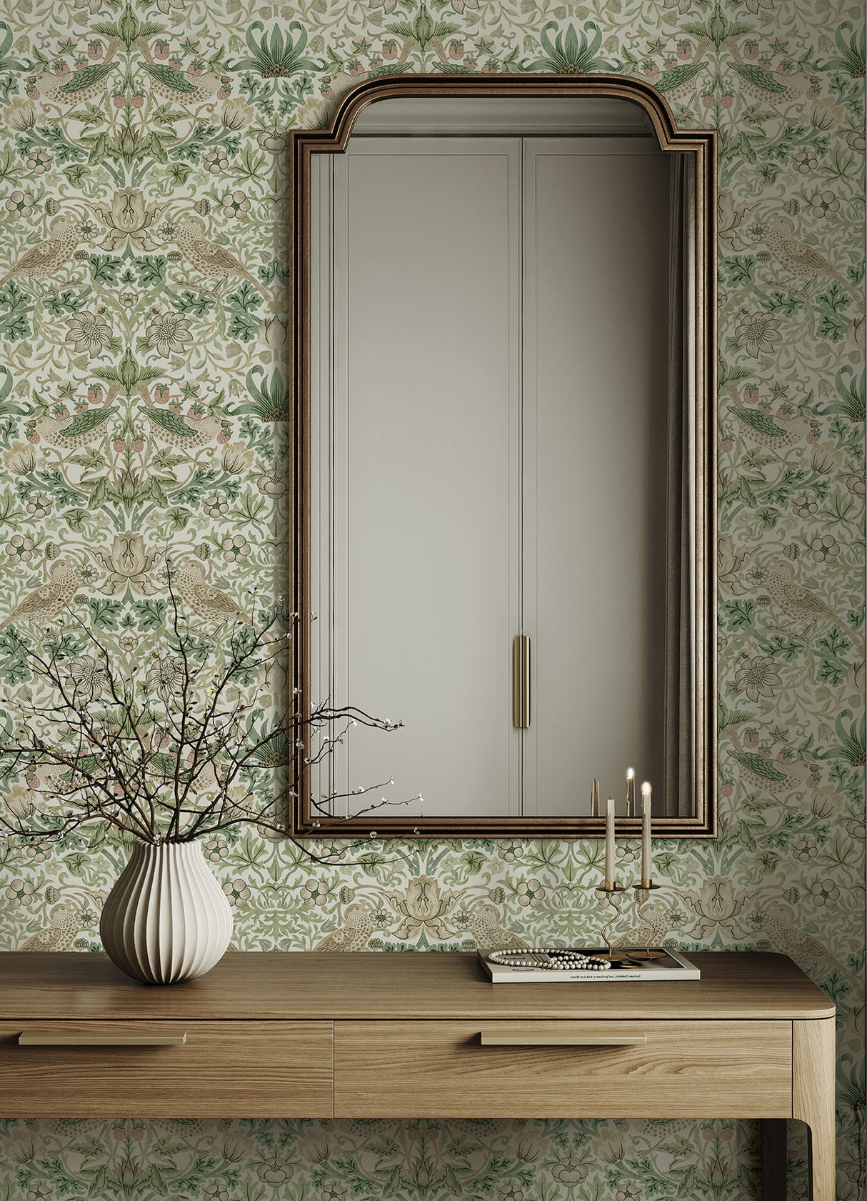 Strawberry Thief Fennel by Morris & Co x WallPops Traditional Botanical Bird and Floral Peel and Stick Wallpaper Roll - MCS6613