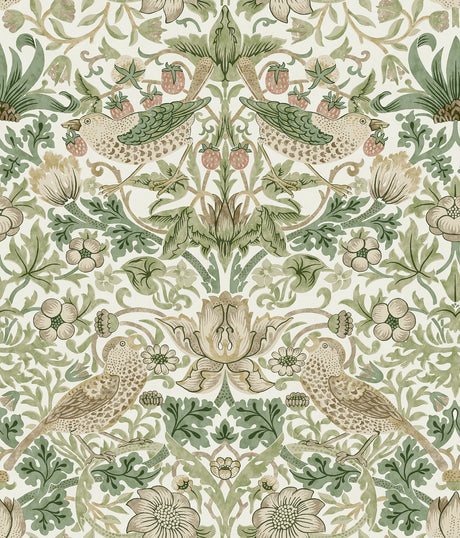 Strawberry Thief Fennel Peel and Stick Wallpaper by Morris & Co x WallPops - MCS6613, traditional botanical bird and floral pattern in soft green and cream tones