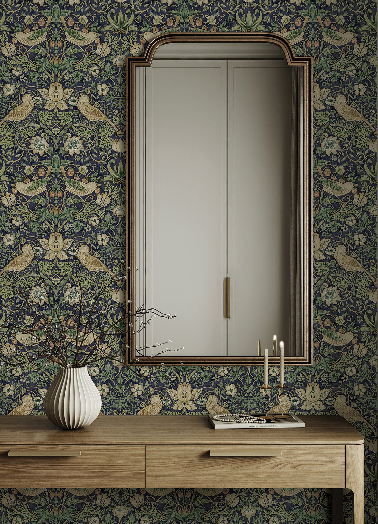 Strawberry Thief Ink Blue by WallPops Morris and Co. Botanical Birds Peel and Stick Traditional Fully Removable Vinyl Wallpaper - MCS6615