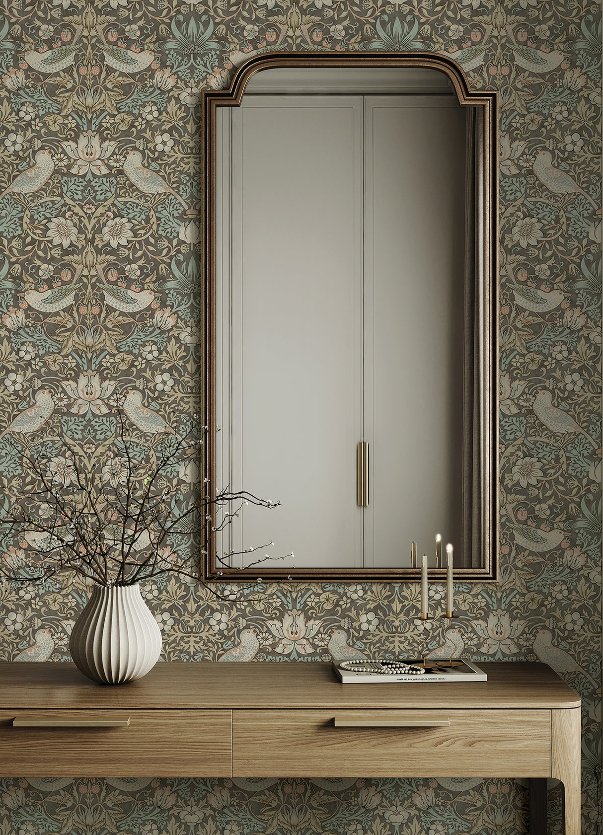 Strawberry Thief Mole by WallPops x Morris and Co. Intricate Traditional Birds and Botanical Peel and Stick Wallpaper - MCS6616