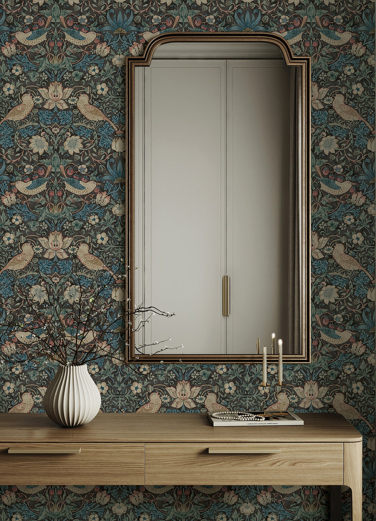 Strawberry Thief Charcoal by WallPops x Morris & Co. Traditional Botanical Bird and Floral Peel and Stick Wallpaper - MCS6617