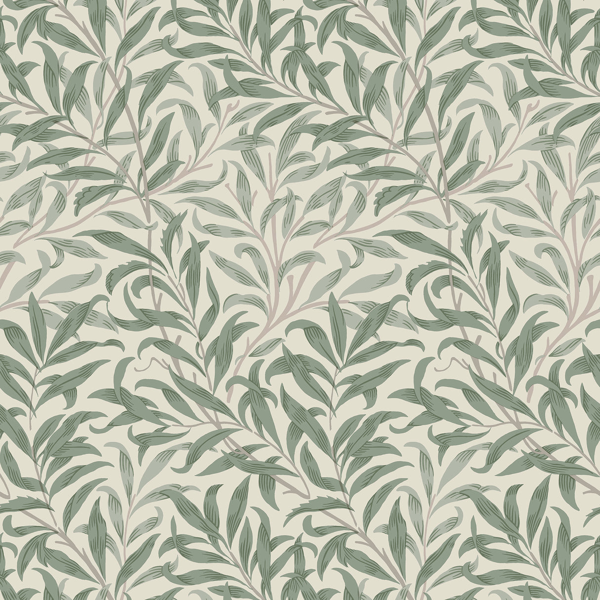 Willow Boughs Bayleaf Peel and Stick Wallpaper by WallPops MCS6619 - Close-up of green curving willow leaf botanical pattern on a light background