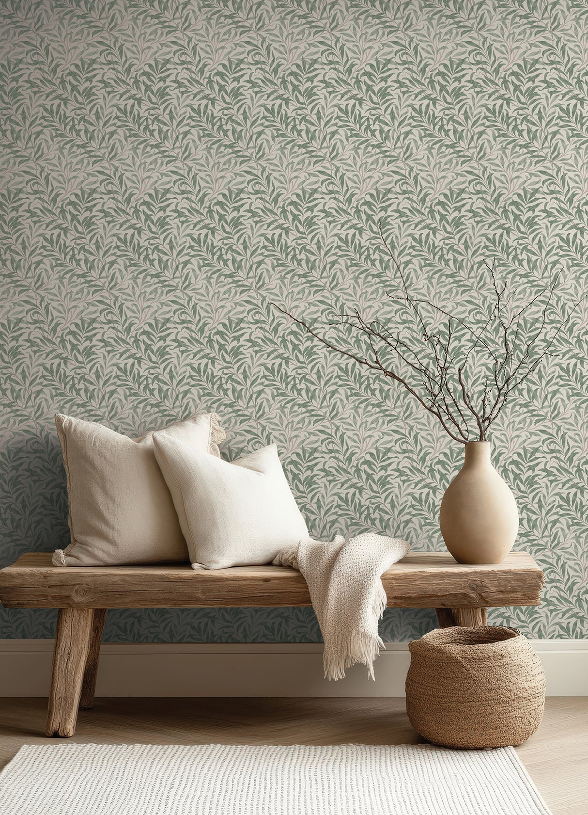 Willow Boughs Bayleaf by WallPops Morris and Co Traditional Botanical Fluid Curving Willow Leaf Peel and Stick Wallpaper - MCS6619