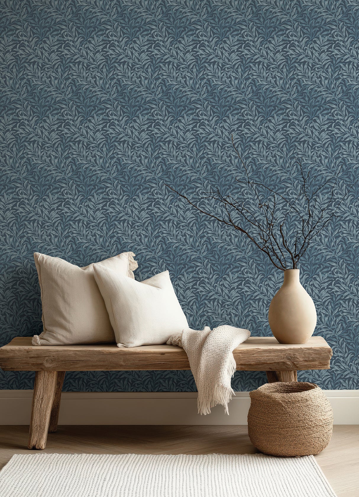 Willow Boughs Ink Blue by WallPops Morris and Co. Traditional Botanical Curving Willow Leaf Fully Removable Peel and Stick Wallpaper - MCS6620