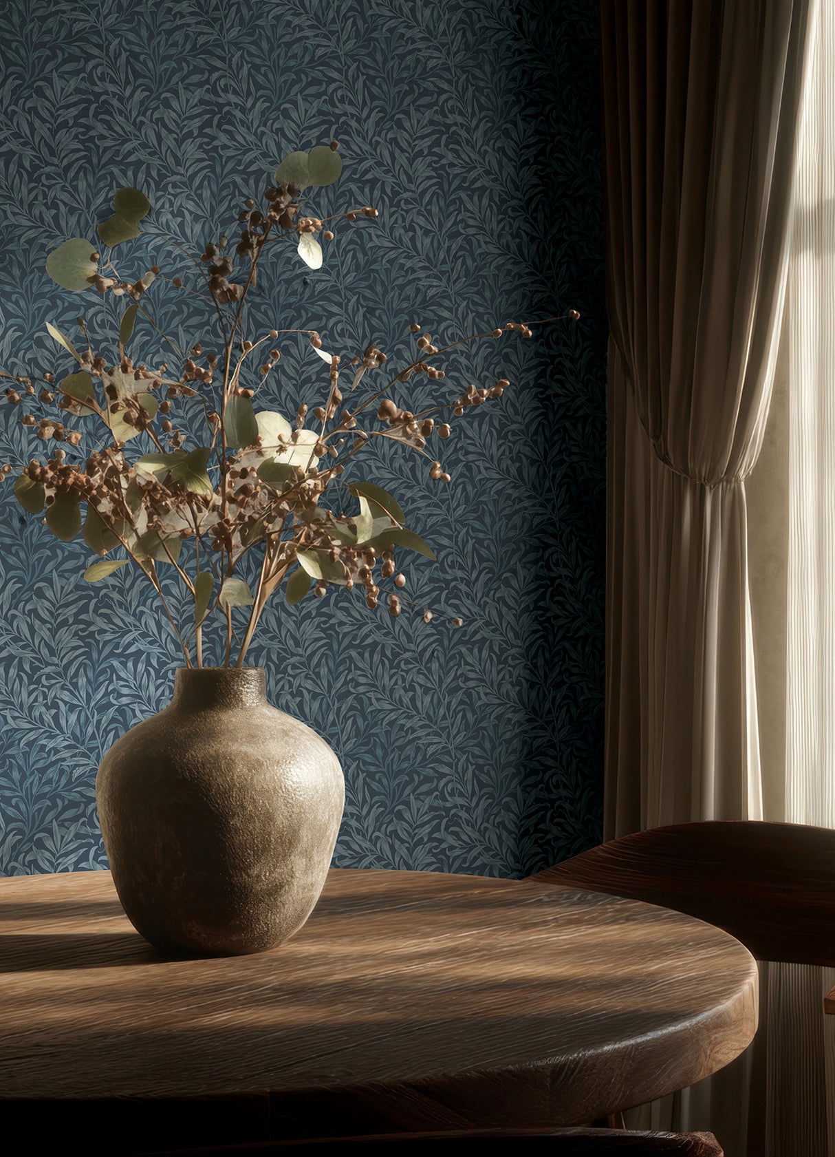Willow Boughs Ink Blue by WallPops Morris and Co. Traditional Botanical Curving Willow Leaf Fully Removable Peel and Stick Wallpaper - MCS6620