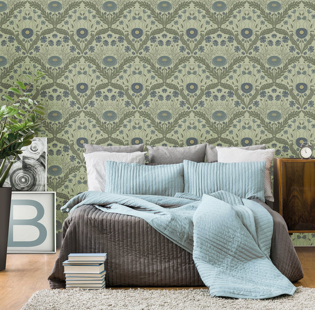 Marguerite Green Damask Wallpaper