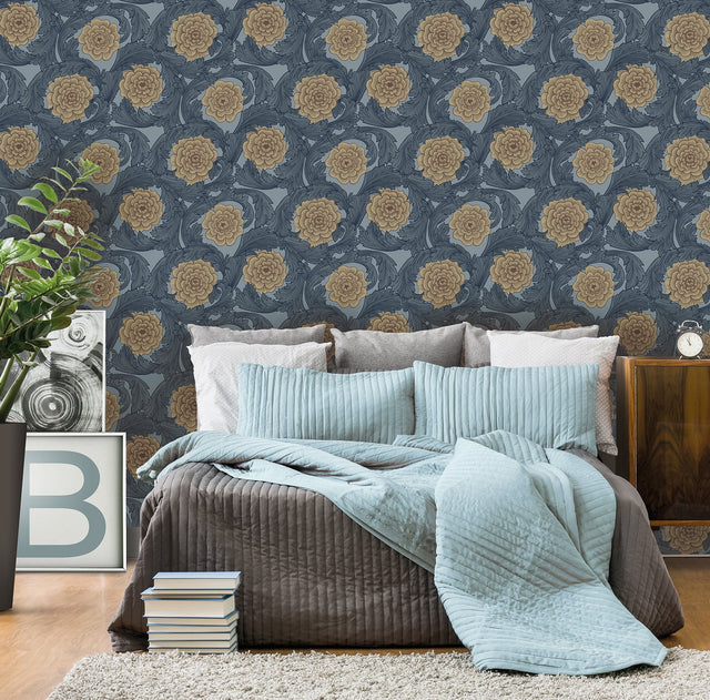 Rosa Blue Ornamental Florals Wallpaper