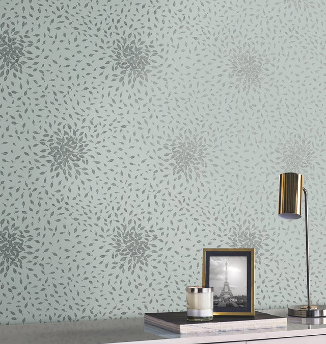 Petite Leaves Spa & Silver Wallpaper with Metallic Botanical Leaf Motif - York MD7101