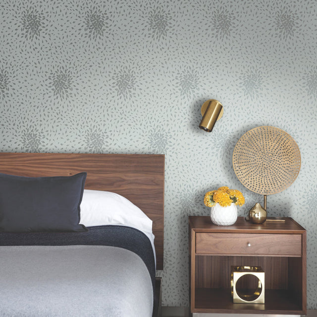 Petite Leaves Spa & Silver Wallpaper with Metallic Botanical Leaf Motif - York MD7101