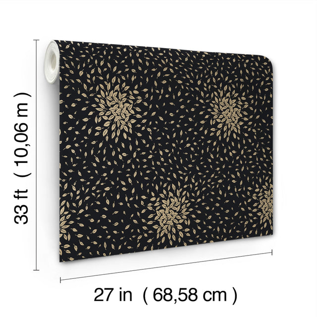 Petite Leaves Black & Gold Metallic Botanical Wallpaper - York MD7102