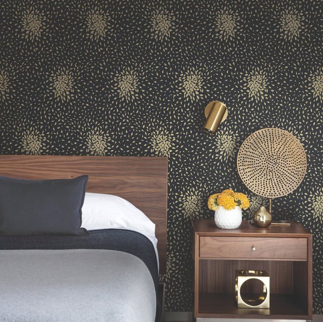 Petite Leaves Black & Gold Metallic Botanical Wallpaper - York MD7102