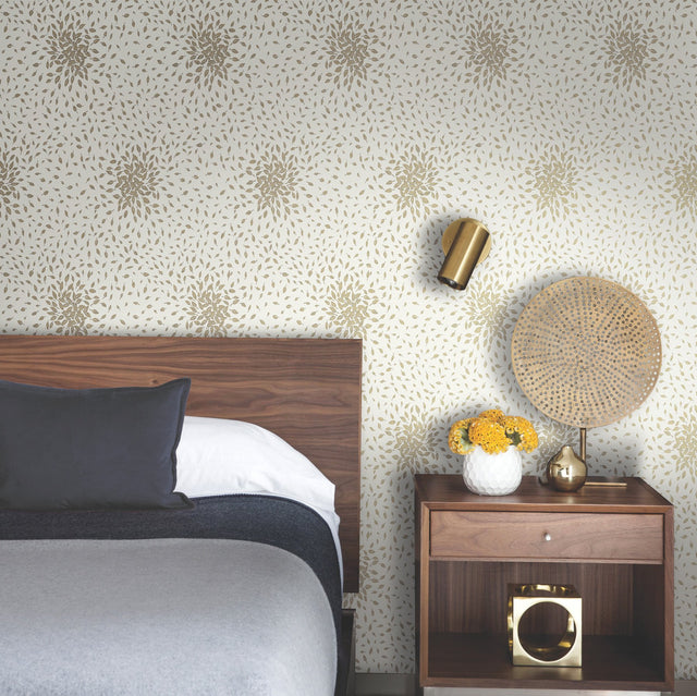 Petite Leaves Cream & Gold Wallpaper with Metallic Botanical Leaf Motif - York MD7103