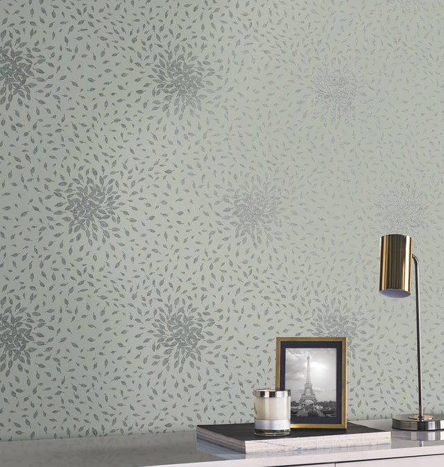 Petite Leaves Eucalyptus & Silver Wallpaper with Metallic Botanical Motif - York MD7104