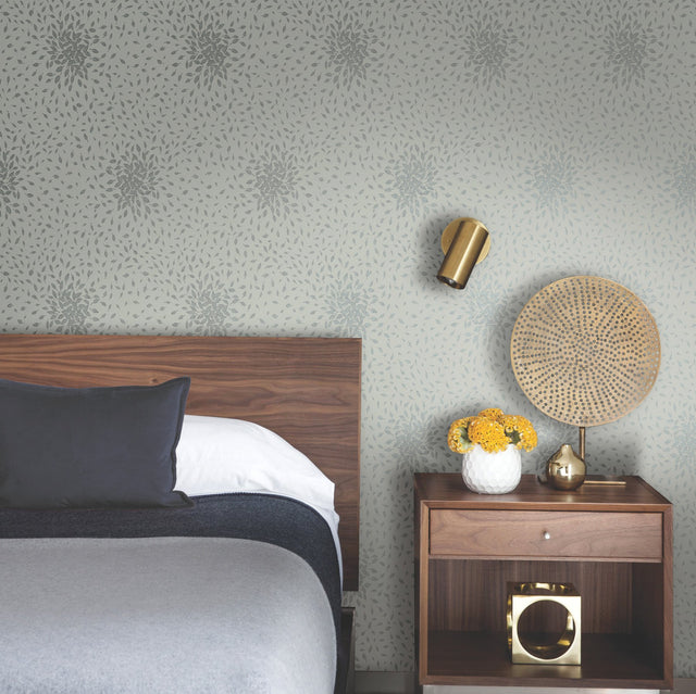 Petite Leaves Eucalyptus & Silver Wallpaper with Metallic Botanical Motif - York MD7104
