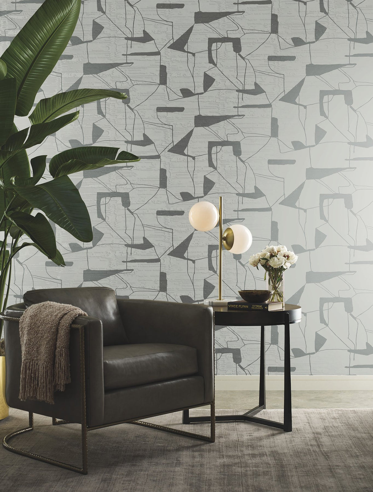 Abstract Geo Fog & Silver Wallpaper with Metallic Geometric Pattern - York MD7111