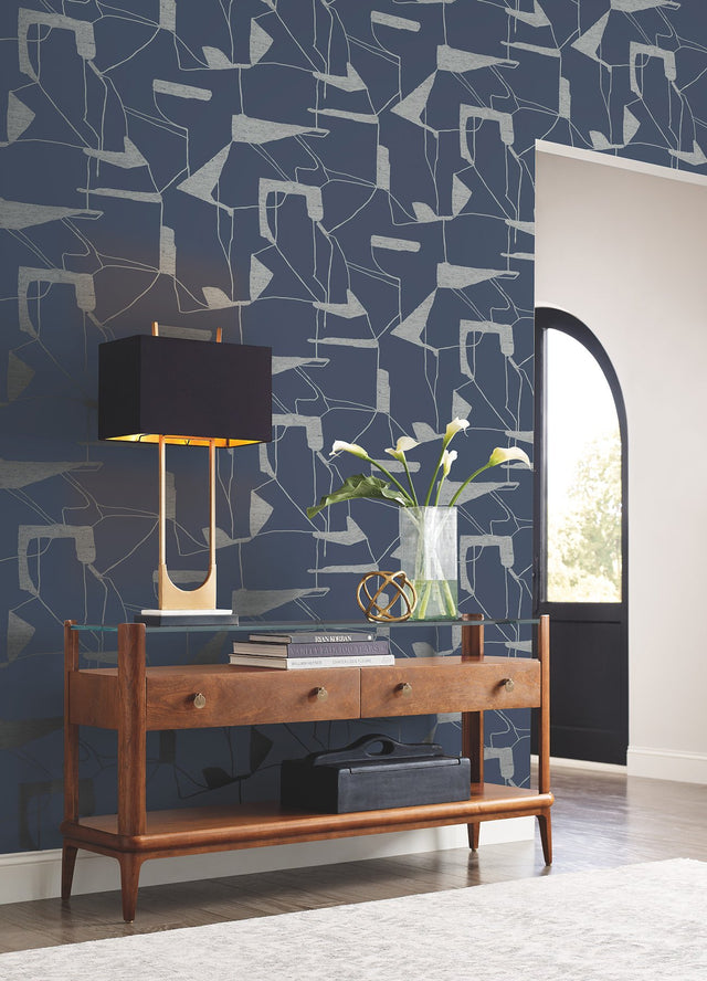 Abstract Geo Navy & Silver Metallic Geometric Wallpaper - York MD7112