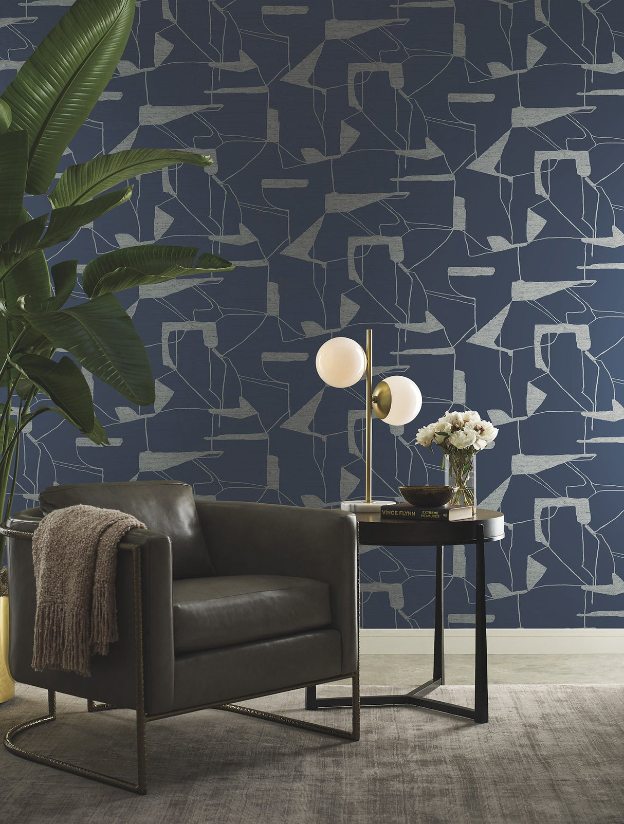 Abstract Geo Navy & Silver Metallic Geometric Wallpaper - York MD7112