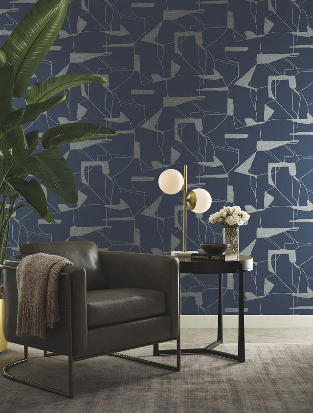 Abstract Geo Navy & Silver Metallic Geometric Wallpaper - York MD7112
